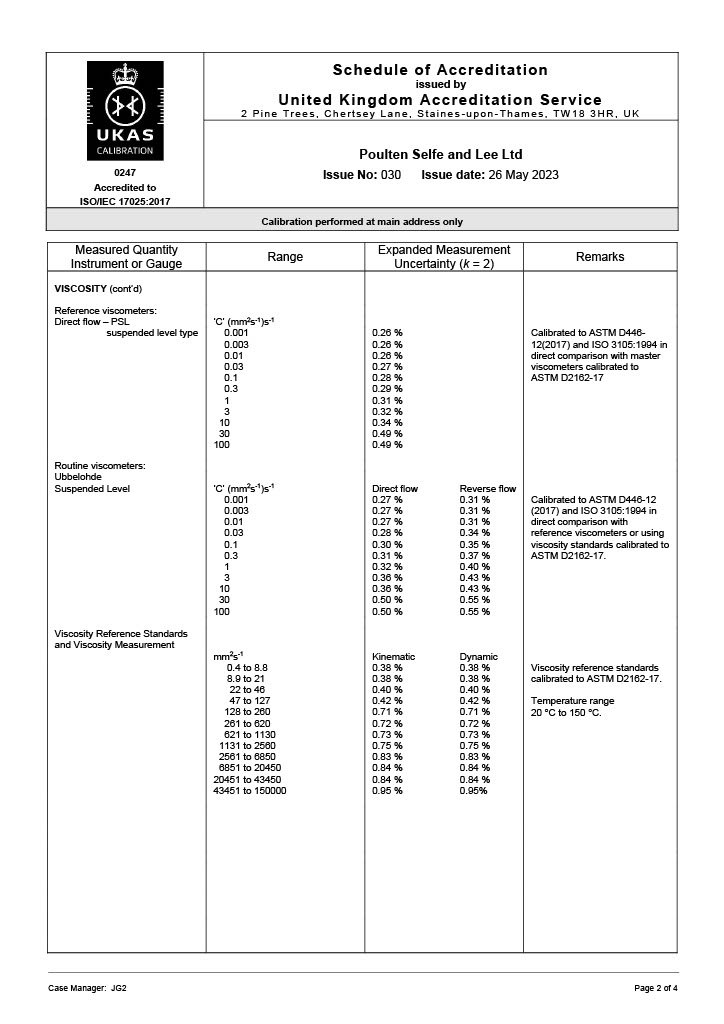 Viscosity Calibration Laboratory - 0247 - UKAS Schedule of Accreditation